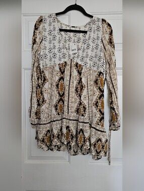 Free People Mini Dress in Cream, Brown & Black
